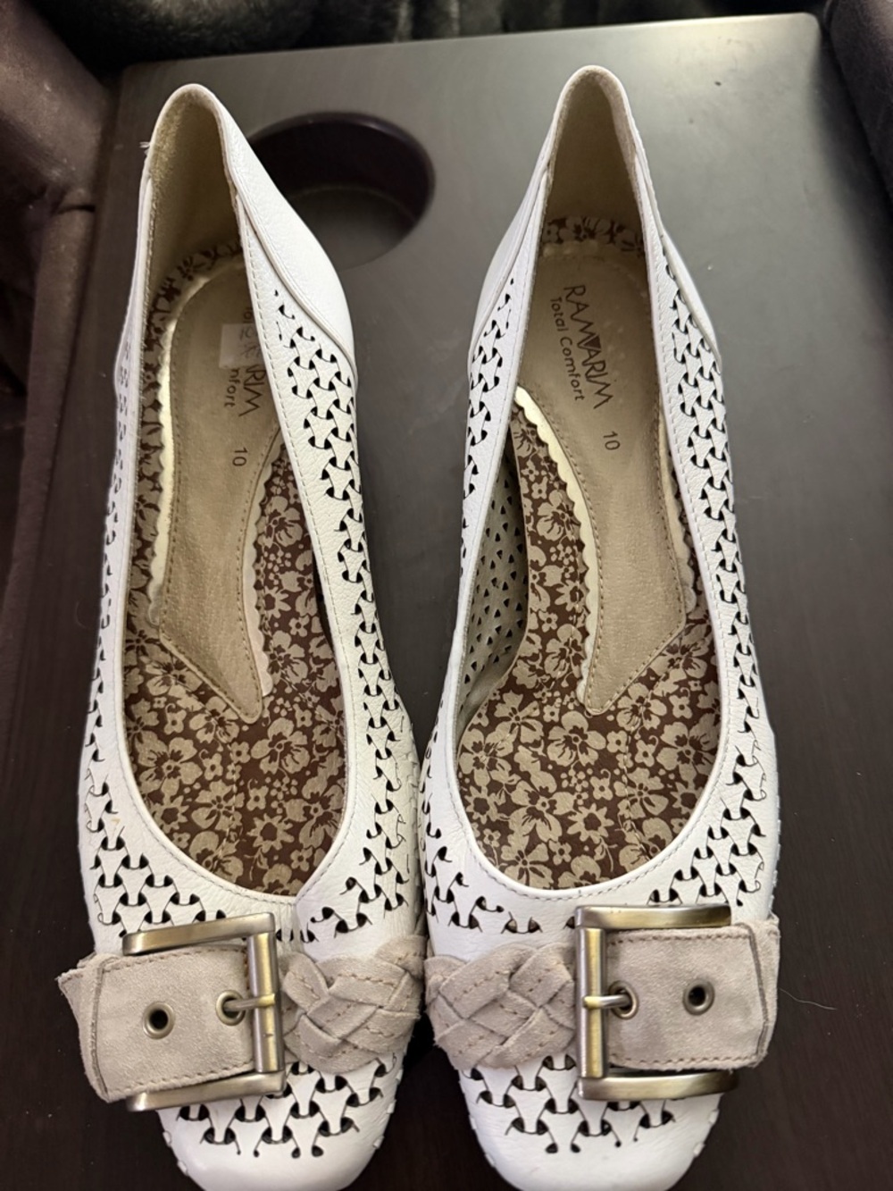 White Buckle Ballet Flats with Braided Accent